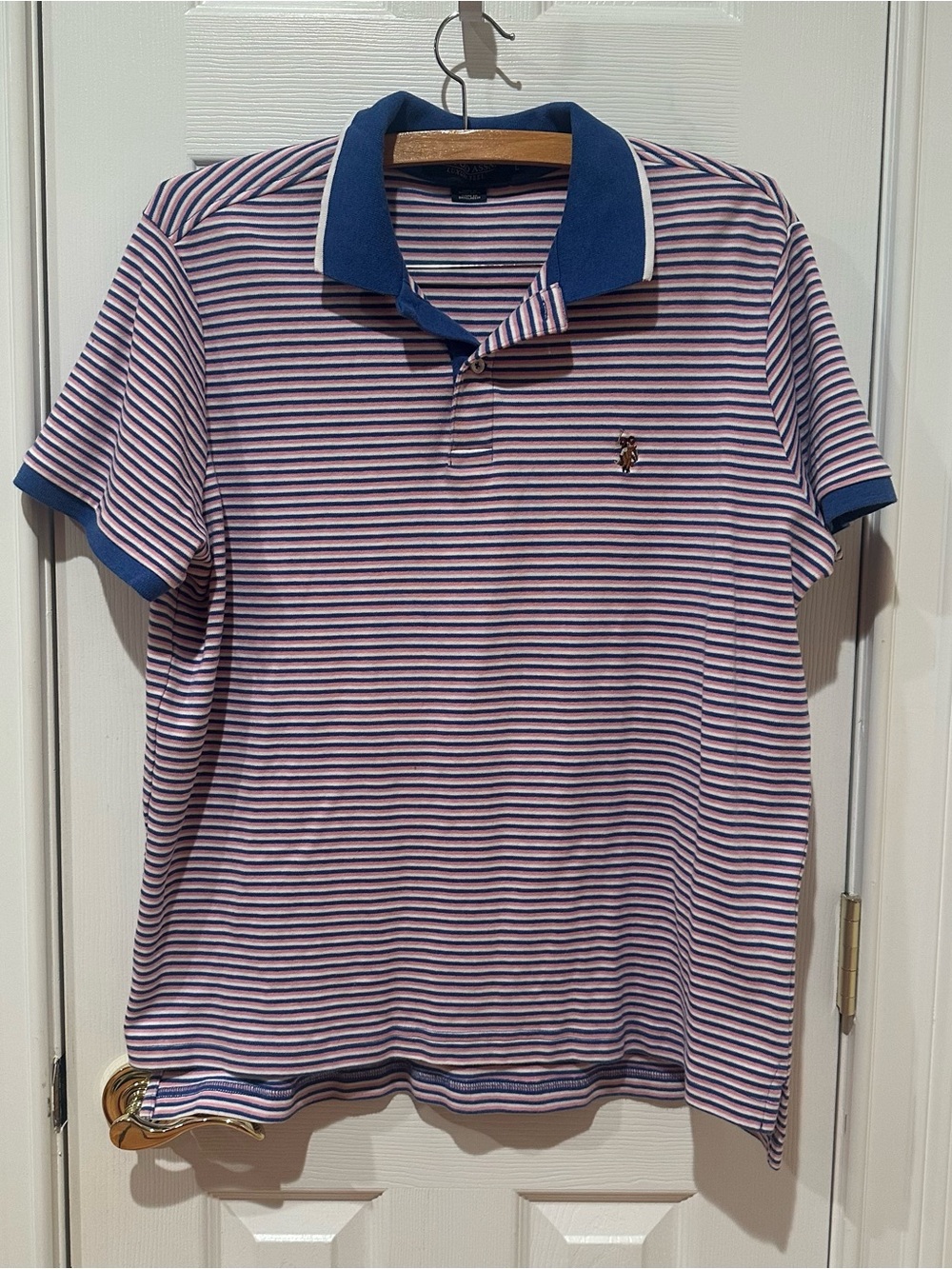U.S. Polo Assn. Crewneck Top in Navy, Pink & White Stripes, Size Large